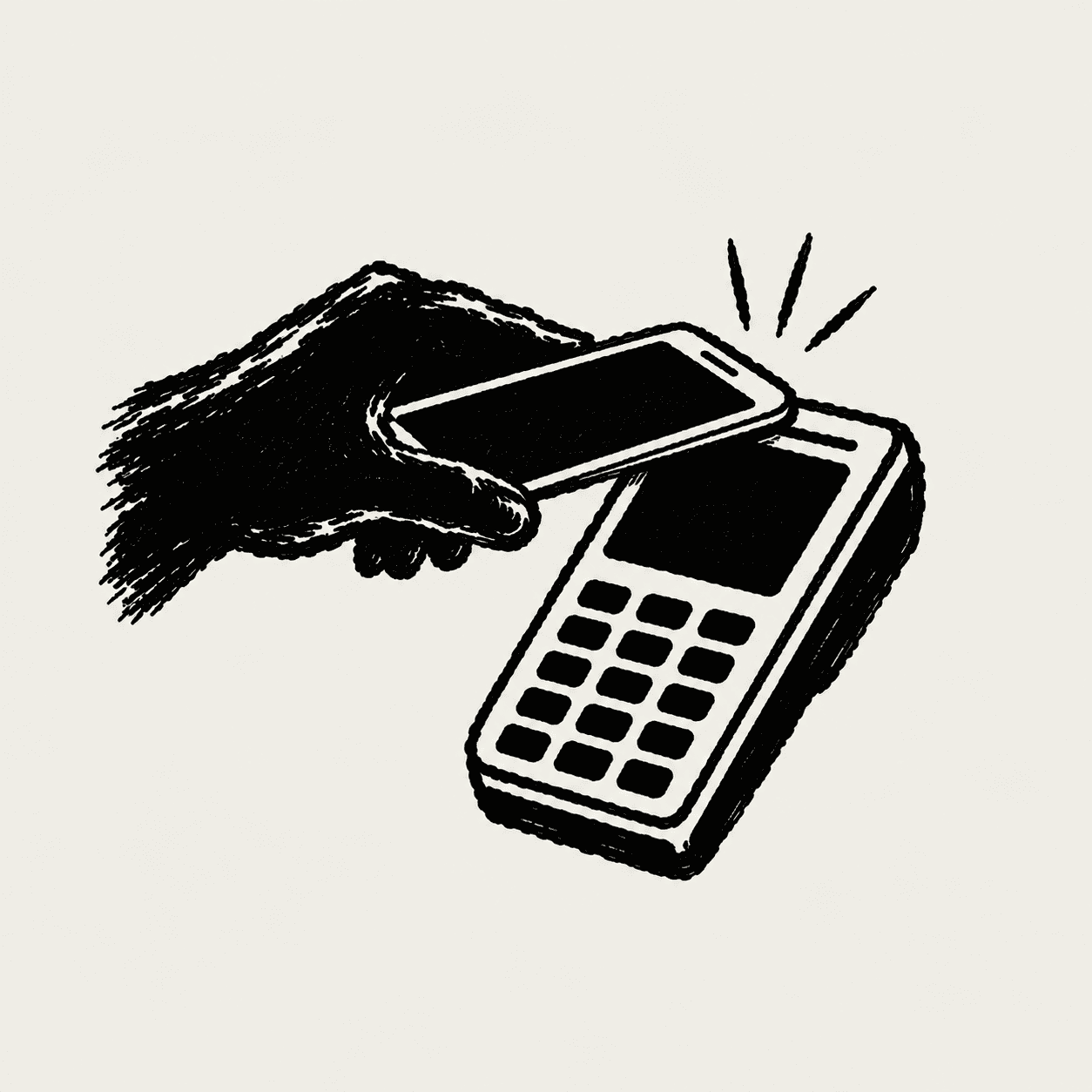 Ink sketch of a hand tapping a smartphone against a payment terminal