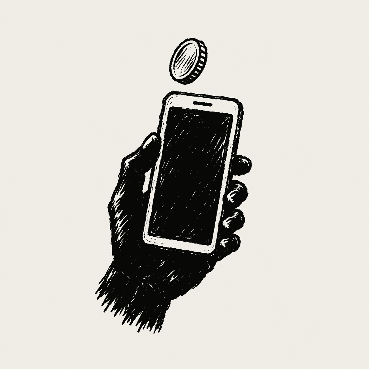 Ink sketch of a hand holding a smartphone with a coin above the screen