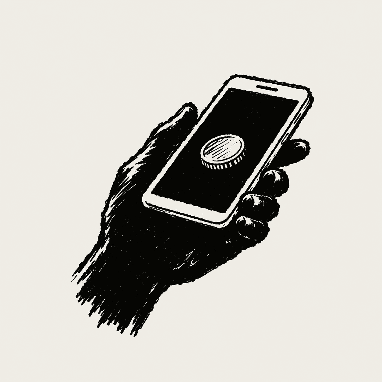Ink sketch of a hand tilting a smartphone with a single coin on its screen