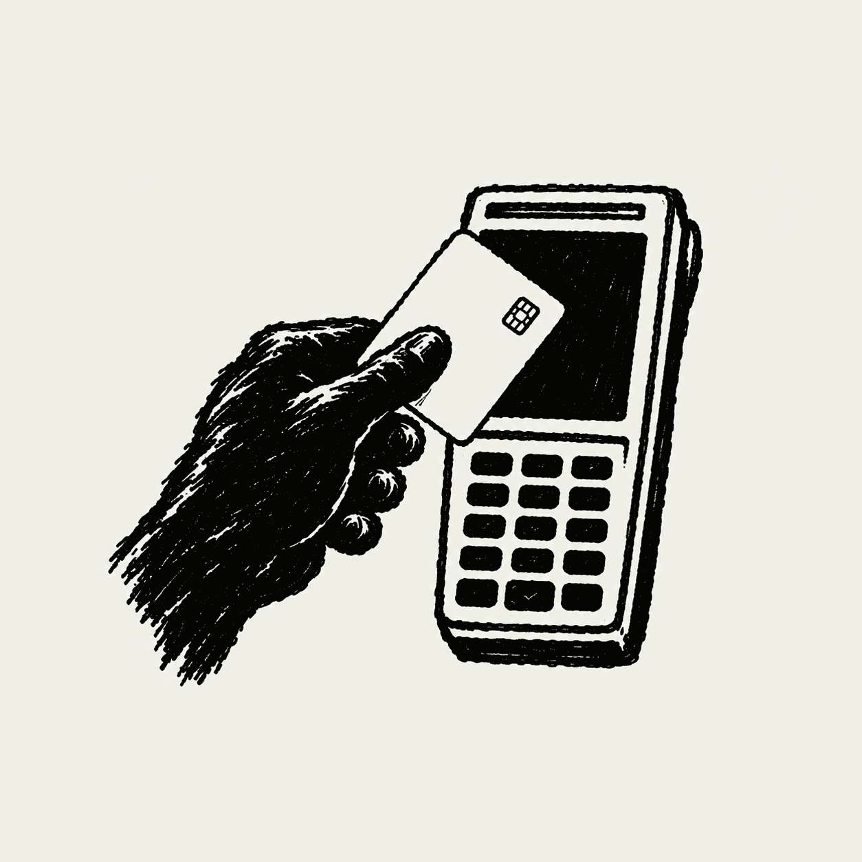 Ink sketch of a hand pushing a payment card into a card terminal