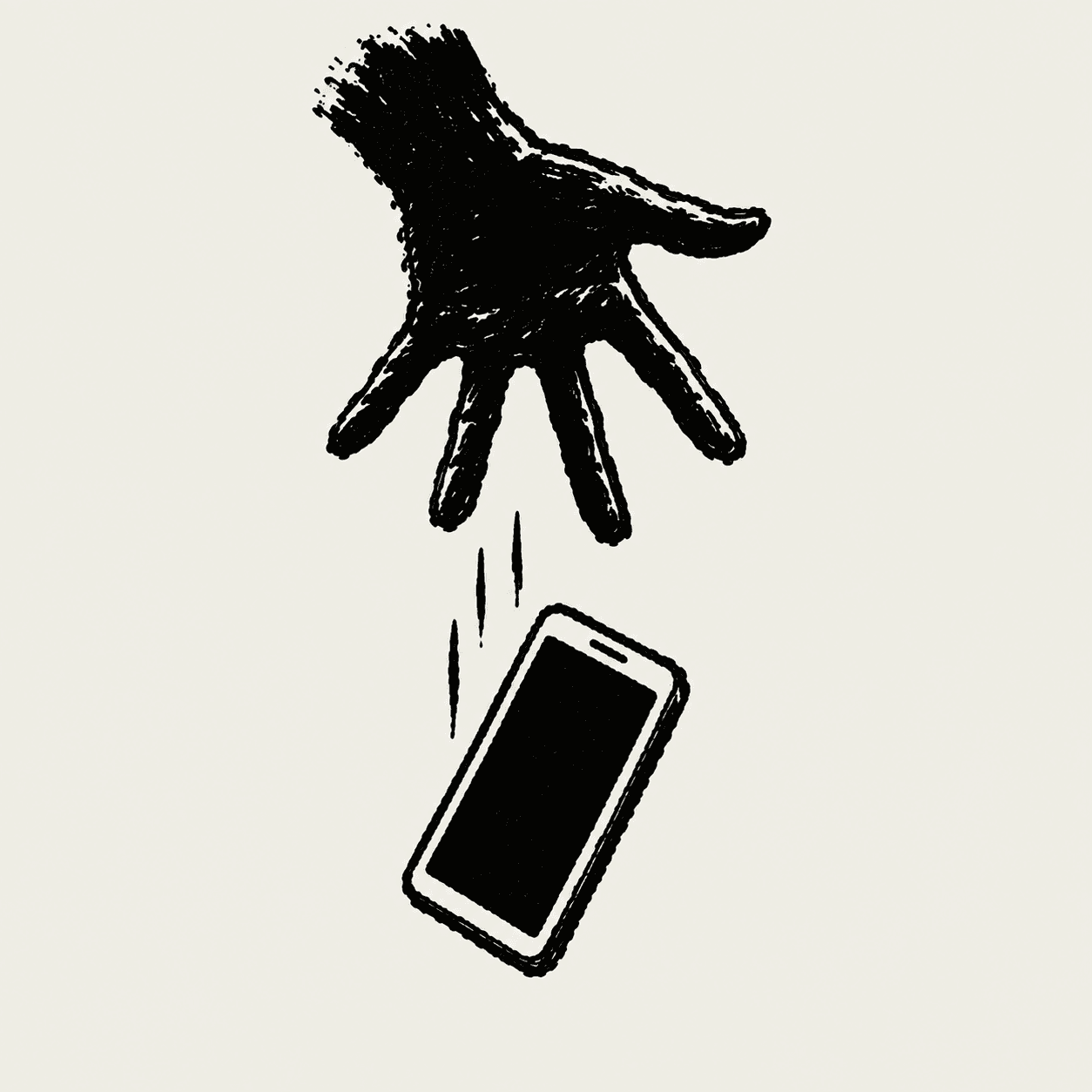 Ink sketch of an open hand letting a smartphone fall away
