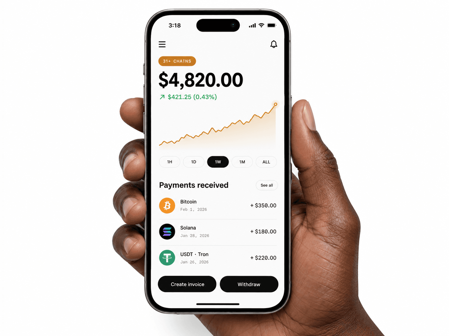 A hand holding a phone showing the Tender merchant dashboard with a $4,820.00 balance and payments received from Bitcoin, Solana and USDT on Tron