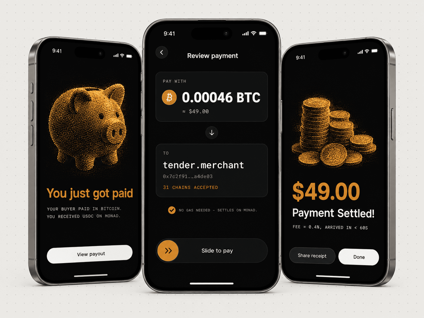 Three phone screens showing a payment received confirmation, a checkout review paying 0.00046 BTC to tender.merchant, and a settled $49.00 payment
