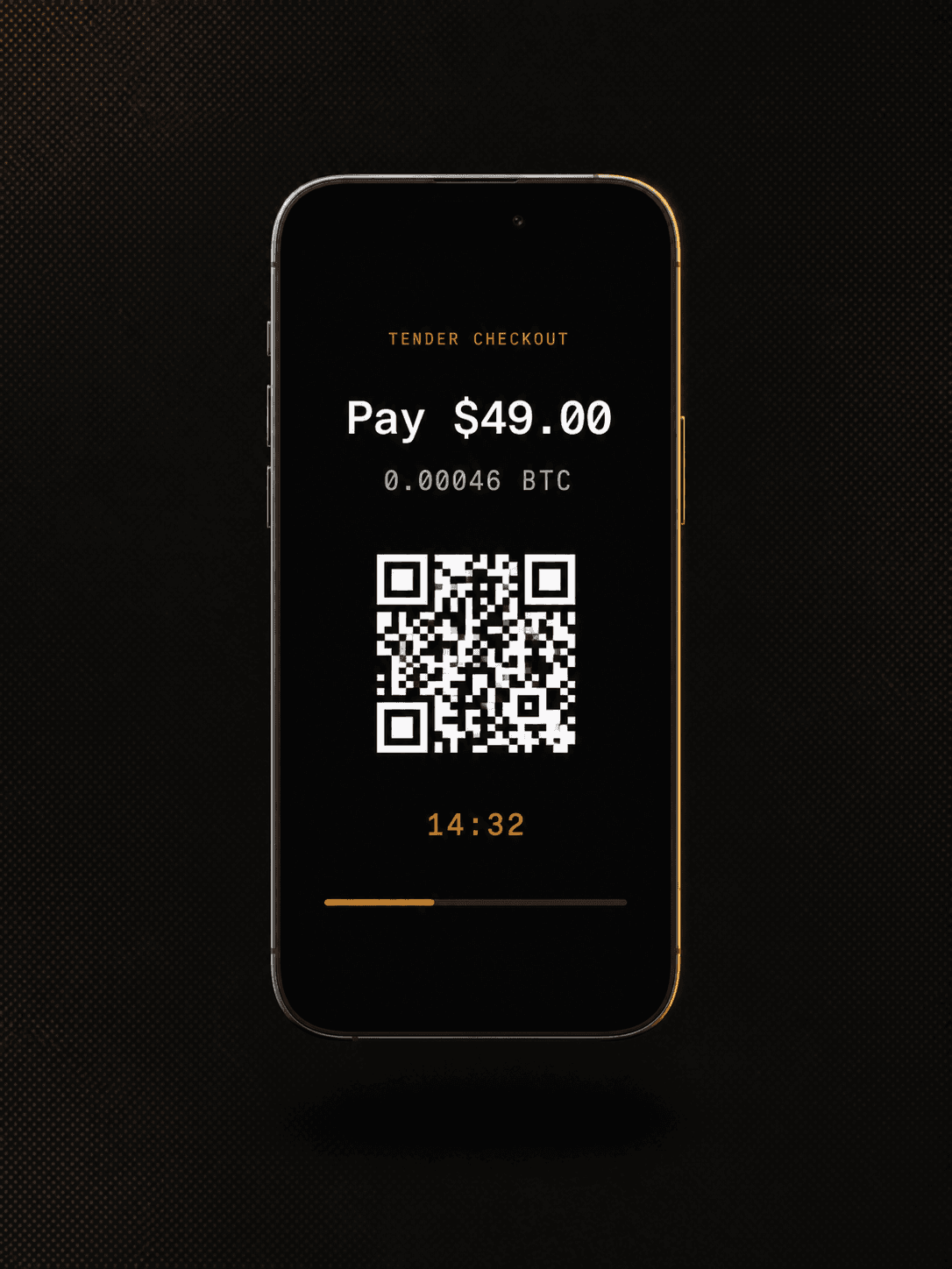 A phone showing the Tender checkout: pay $49.00, a Bitcoin QR code and a 14:32 countdown