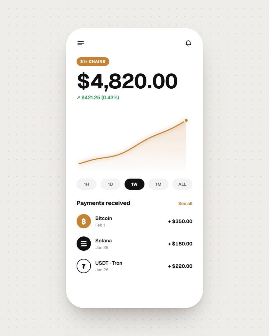 The Tender merchant dashboard showing a $4,820.00 balance and recent payments from Bitcoin, Solana and USDT on Tron